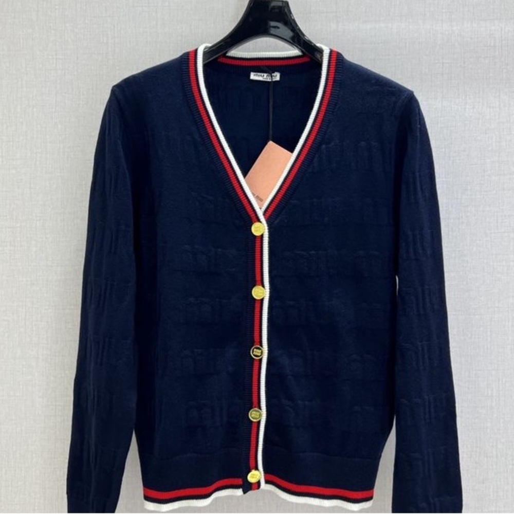 Miu Miu Navy Cardigan with Red and White Accents